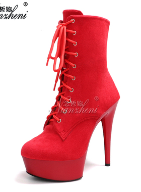 钢管舞高跟鞋水晶细跟防水台大码低筒短靴系带15厘米超高跟鞋红色