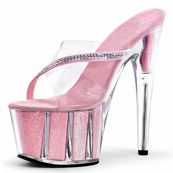 透明高跟鞋水晶细跟防水台大码一字拖17公分超高跟鞋模特走秀水钻