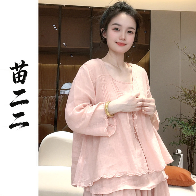 苗二二100%苎麻夏季V领花边喇叭袖小衫女款显瘦减龄百搭开衫上衣