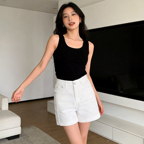 高腰牛仔短裤女夏宽松显瘦百搭休闲四分裤子女装白色直筒阔腿热裤