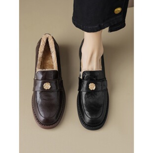 牛皮版复古真皮一脚蹬加绒乐福鞋女冬季圆头jk小皮鞋英伦粗跟单鞋