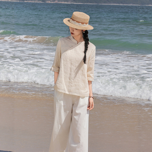 中式风苎麻套装女春夏季立领盘扣上衣宽松文艺新款轻奢高级感衬衫