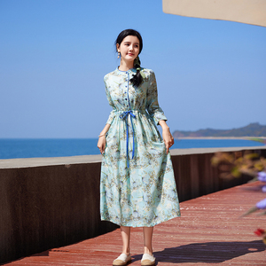 2026春夏新款女文艺清新印花连衣裙女装减龄中长款修身显瘦苎麻裙