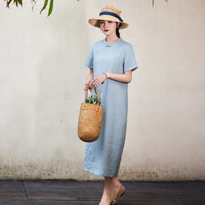 新中式改良旗袍连衣裙夏显瘦长款亚麻中国民族风高考旗袍旗开得胜