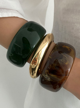 欧美时尚手饰夸张复古文艺不规则镯子树脂水墨晕染宽版高级感手镯