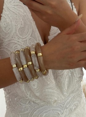 欧美简约气质百搭个性潮流复古时尚多层叠戴竹节手镯套装