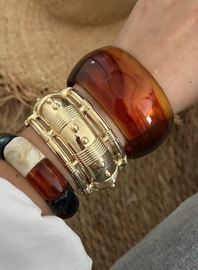 不规则树脂手镯小众设计欧美夸张中古饰品高级感金色宽面手饰