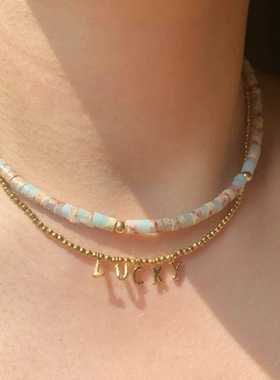 法式复古手工捶打纹字母lucky珍珠项链小众设计高级感百搭锁骨链