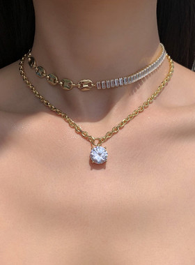 ins欧美猪鼻子镶钻拼接AB款项链情侣百搭ins锁骨颈链女潮几何轻奢