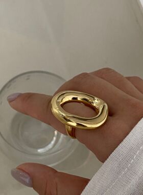 钛钢极简风大O夸张时尚百搭戒指欧美风几何不规则椭圆镂空指环女