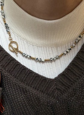 新款时尚钛钢个性冷淡风天然石串珠项链OT扣百搭配饰锁骨链潮搭女