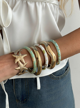 欧美饰品Bracelet田园风滴油花朵弹簧手镯 ins海星光面手饰品