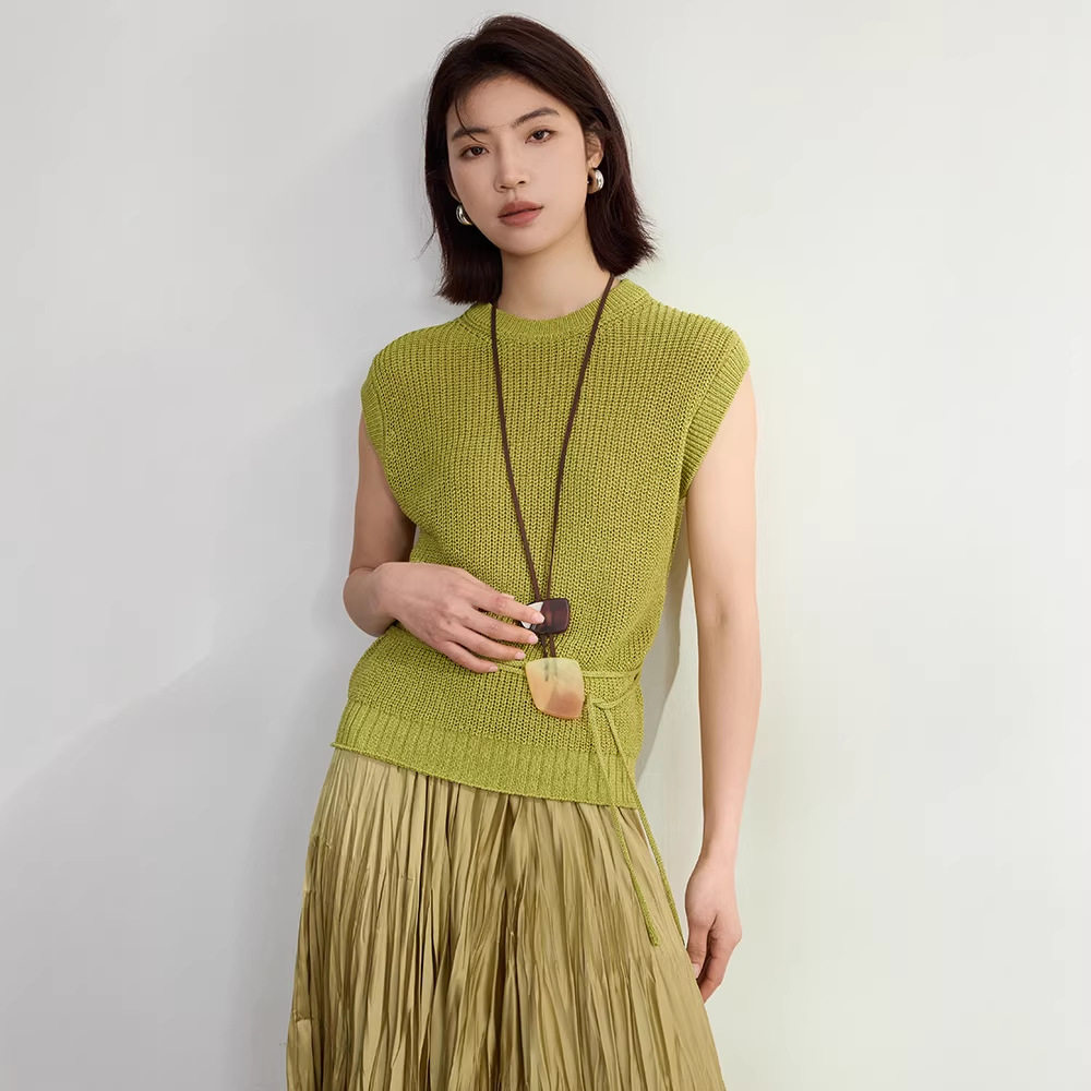 简约和纸纱圆领无袖针织衫女外穿26新款春季女装叠穿系带马甲上衣