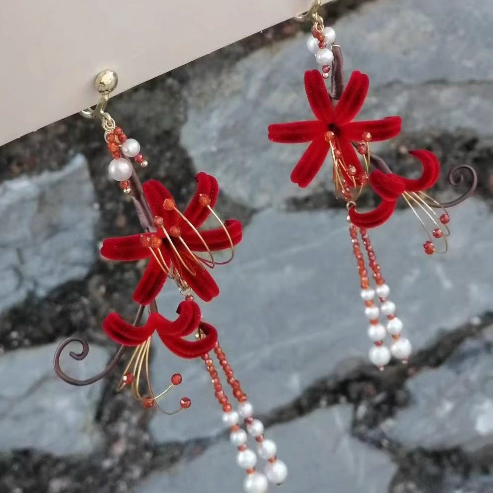 原创非遗绒花【彼岸花耳坠】现货小众曼珠沙华绒花耳夹耳钩配饰