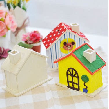 白胚木质房子存钱罐儿童手工diy储蓄罐涂鸦彩泥益智幼教模型
