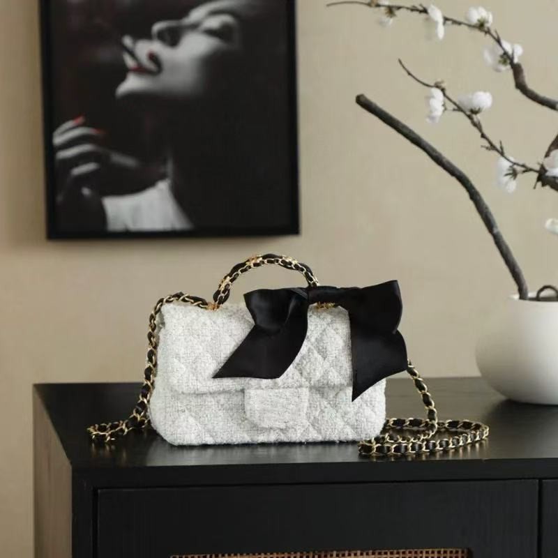 2025新款高版本25K蝴蝶结手柄小方包菱格链条百搭手提单肩斜跨包