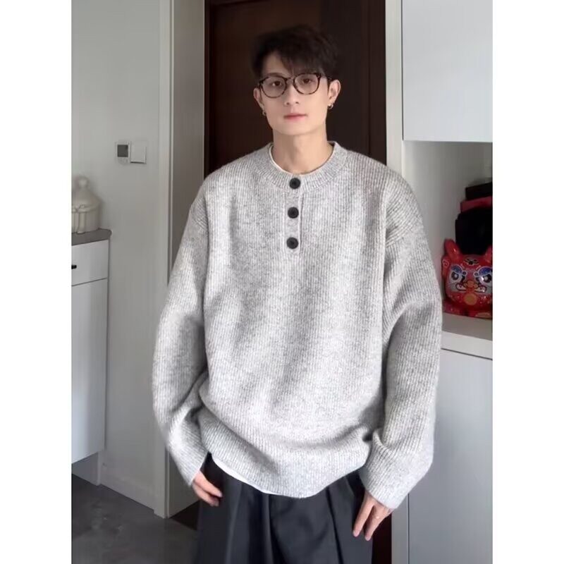 浅灰色圆领毛衣男冬季韩系穿搭慵懒软糯针织衫cleanfit内搭打底衫