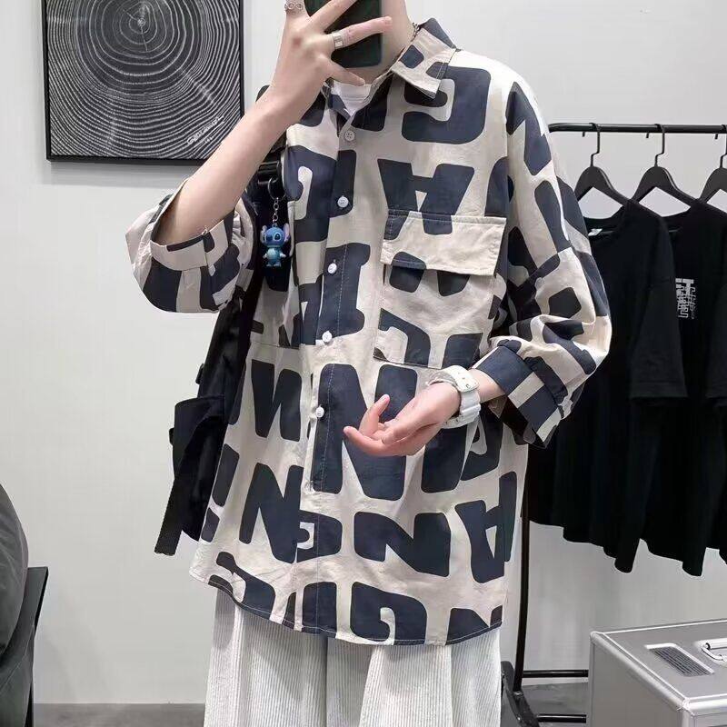 印花衬衫男七分袖夏季薄款沙滩衬衣宽松青少年胖子加肥加大码男装