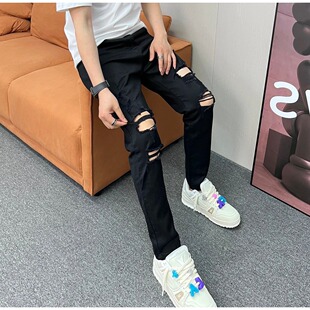 春秋新款高街破洞牛仔裤男裤修身小直筒黑色乞丐潮牌白色嘻哈裤子