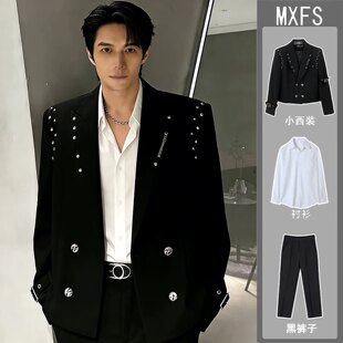 三件套西装套装男发型师满天星外套宽松潮流百搭垫肩西服演出服帅