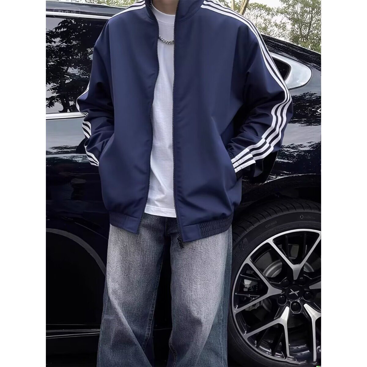 藏蓝色三条杠正肩外套男女秋冬cleanfit潮牌棒球服美式薄款夹克潮图片