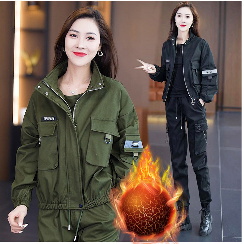 秋冬款加绒加厚迷彩服两件套女显瘦外套束脚裤休闲时尚洋气三件套