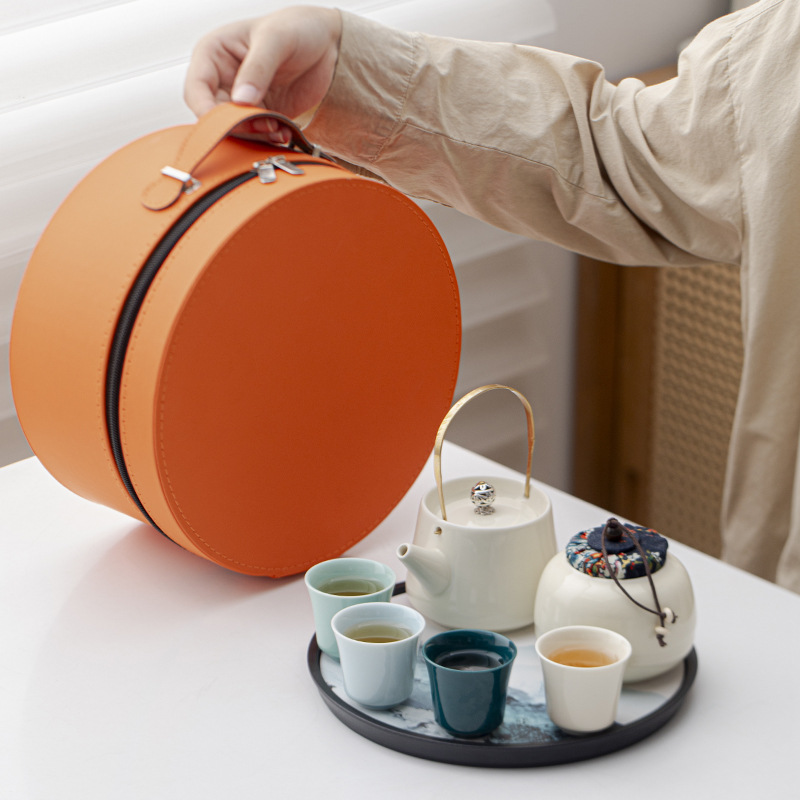 陶瓷亚光提梁壶便携旅行功夫茶具