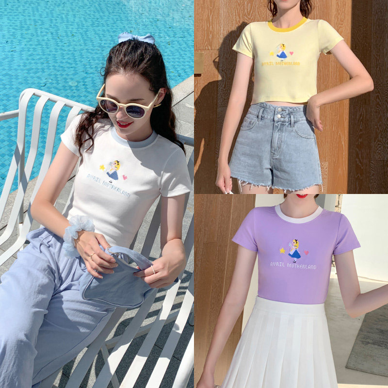 毛菇小象短袖t恤女夏2020新款韩版时尚显瘦打底衫女短款露腰上衣