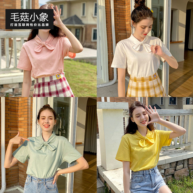 毛菇小象蝴蝶结短袖T恤2020夏女韩版休闲打底时尚宽松显瘦上衣