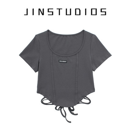 JIN自制22夏美式鱼骨收腰字母标后背绑带个性短袖T恤超短辣妹上衣