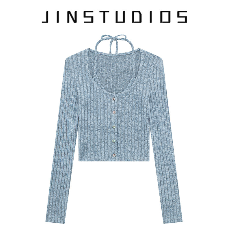 纯欲辣妹挂脖假两件修身超短上衣