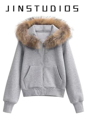 美式复古加绒加厚毛领连帽卫衣外套女宽松百搭运动风辣妹保暖上衣