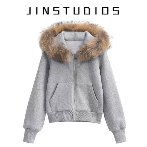 美式复古加绒加厚毛领连帽卫衣外套女宽松百搭运动风辣妹保暖上衣