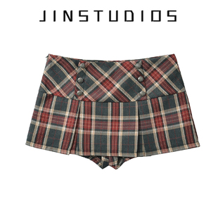 美式 辣妹双排扣复古格纹低腰短裙显瘦显腿长百搭学院防走光a字裙