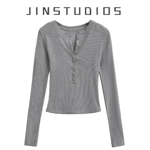 T恤修身 显瘦百搭纯色正肩上衣 辣妹风长袖 薄绒单排扣圆领套头美式