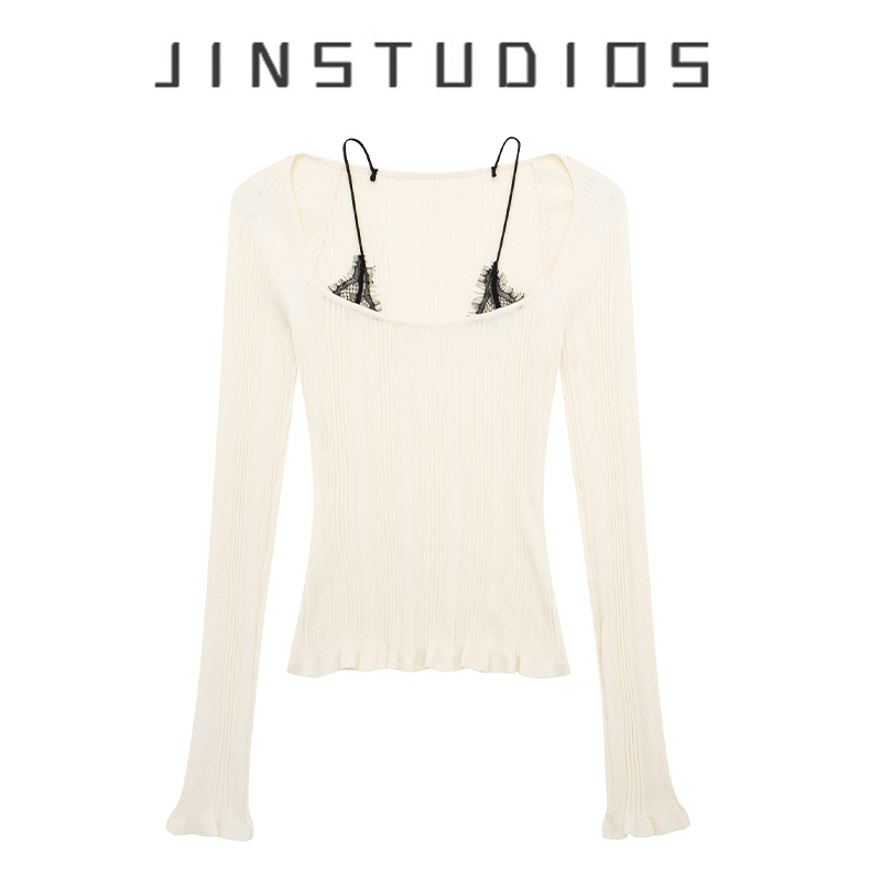 24秋纯欲辣妹风蕾丝吊带假两件套头毛衣显瘦百搭木耳边纯色针织衫