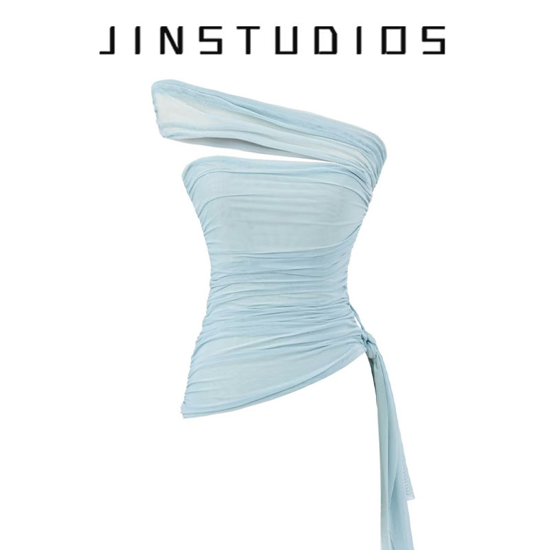 thumbnail for 2025 Summer Pure Desire Hot Girl Asymmetrical Slanted Collar Off-the-Shoulder Hem Strap Mesh Vest Slim Slim Versatile Top