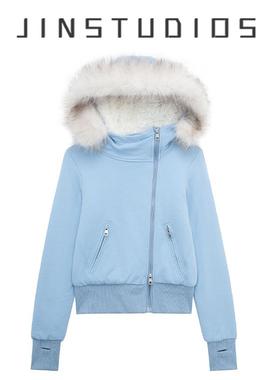 美式辣妹连帽大毛领斜拉链卫衣短外套加厚加绒显瘦纯欲开衫帽衫女