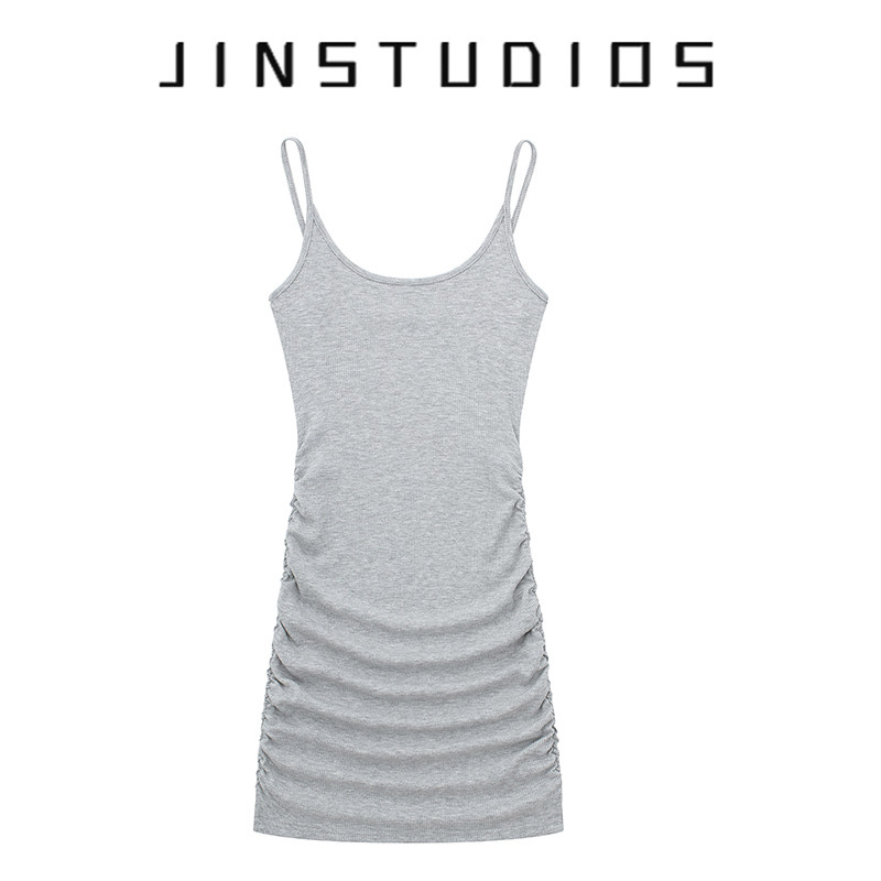 美式辣妹风褶皱U领修身吊带裙短