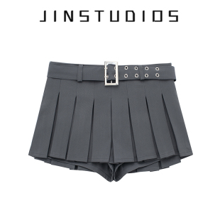 JIN自制25夏美式 校园风防走光腰带百褶超短裙显瘦显腿长辣妹a字裙