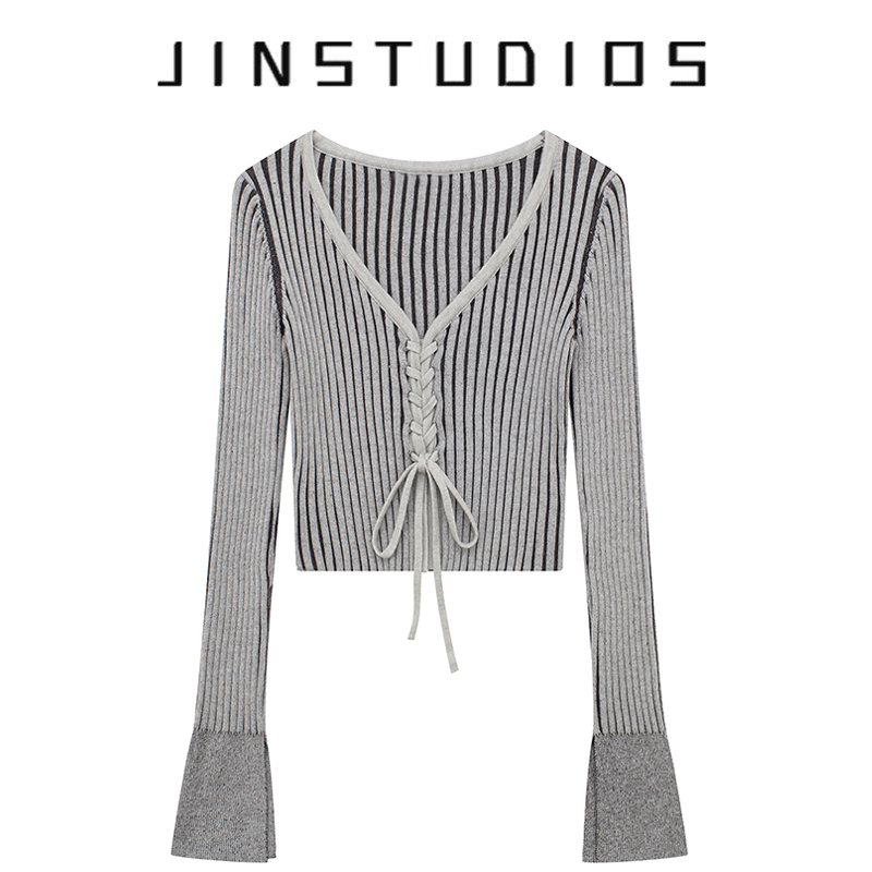 美式辣妹V领绑带超短喇叭袖毛衣