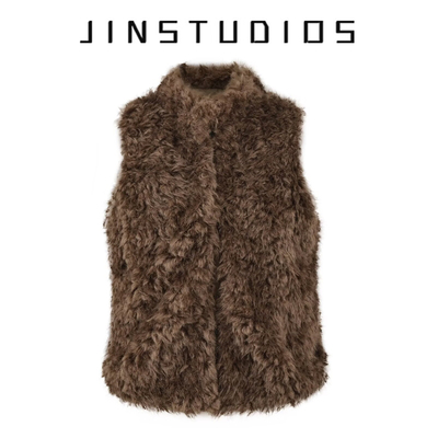 2025冬复古美式辣妹纯色毛绒立领无袖马甲百搭显瘦内搭外穿上衣短