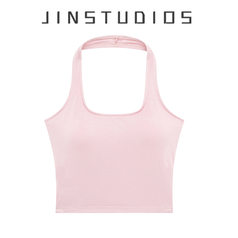 纯欲辣妹风胸垫款纯色挂脖背心