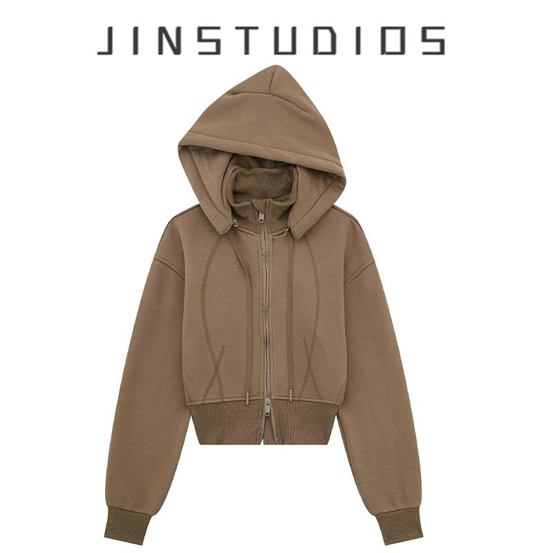 美式复古辣妹运动风加绒连帽拉链卫衣短外套修身显瘦百搭保暖帽衫