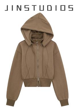 美式复古辣妹运动风加绒连帽拉链卫衣短外套修身显瘦百搭保暖帽衫