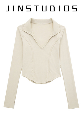 JIN自制美式复古鱼骨收腰翻领套头长袖T恤修身辣妹灰色百搭上衣