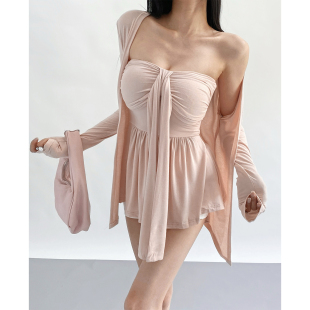 2026早春纯欲辣妹风胸垫抹胸背心纯色开衫 两件套显瘦百搭温柔套装