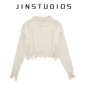 JIN自制2025春设计感个性破洞毛边超短针织衫百搭辣妹风毛衣罩衫