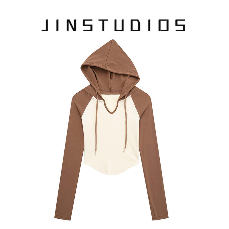 美式辣妹风复古撞色连帽修身卫衣