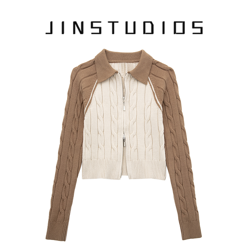 美式校园风撞色翻领复古针织开衫